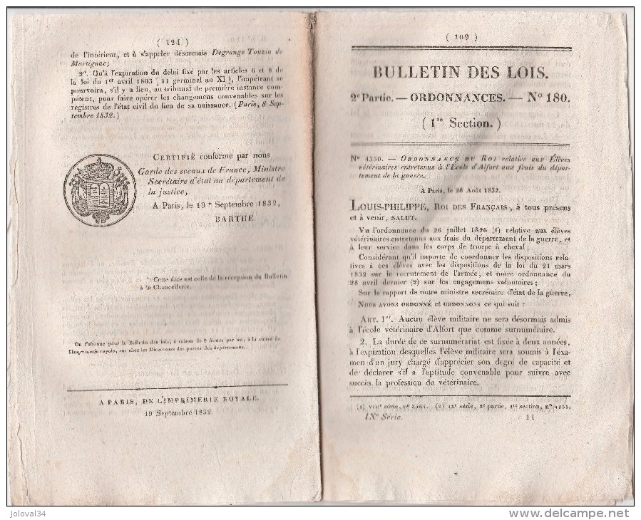 Bulletin Des Lois N° 180 - 1832 - école Vétérinaire Alfort, Pont à St Thibaut Cher,  à Lyon, Musique, Pernes Vaucluse - Décrets & Lois