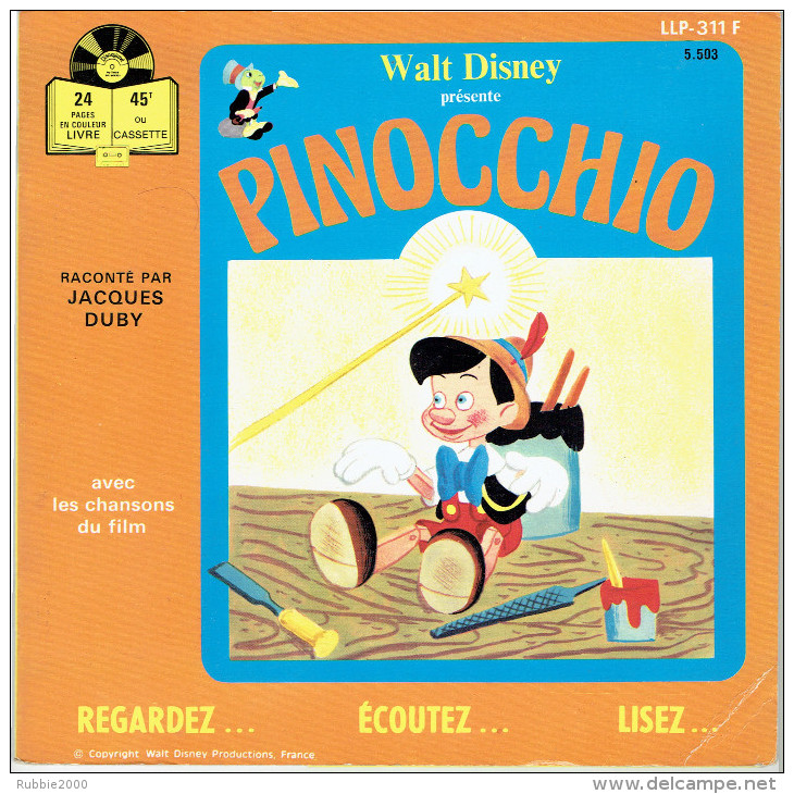 PINOCCHIO 1968 RACONTE PAR JACQUES DUBY WALT DISNEY LIVRET DE 24 PAGES ILLUSTREES ET DISQUE 45 TOURS - Disques & CD