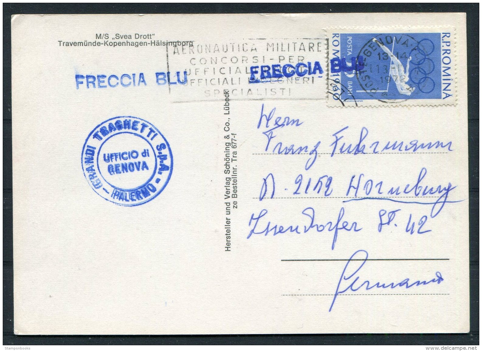 1972 Romania M/S SVEA DROTT Ship Postcard FRECCIA BLU Genova Italy Aeronautica Militare - Covers & Documents