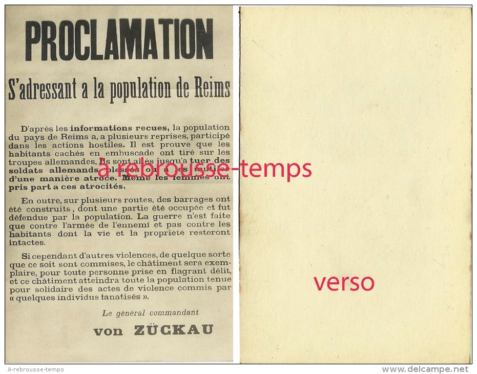 Format CPA-affiche Guerre-proclamation Population De Reims-menaces Du Général Von Zuckau - Guerre, Militaire