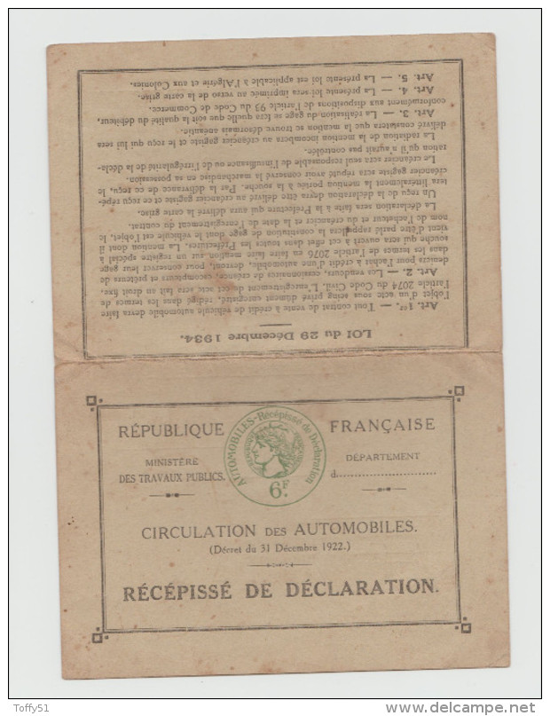 CIRCULATION DES AUTOMOBILES RÉCÉPISSÉ DE DÉCLARATION POUR "CITROËN C 3"N° IMMATRICULATION" 9502 K J" MAI 1938 - Non Classés
