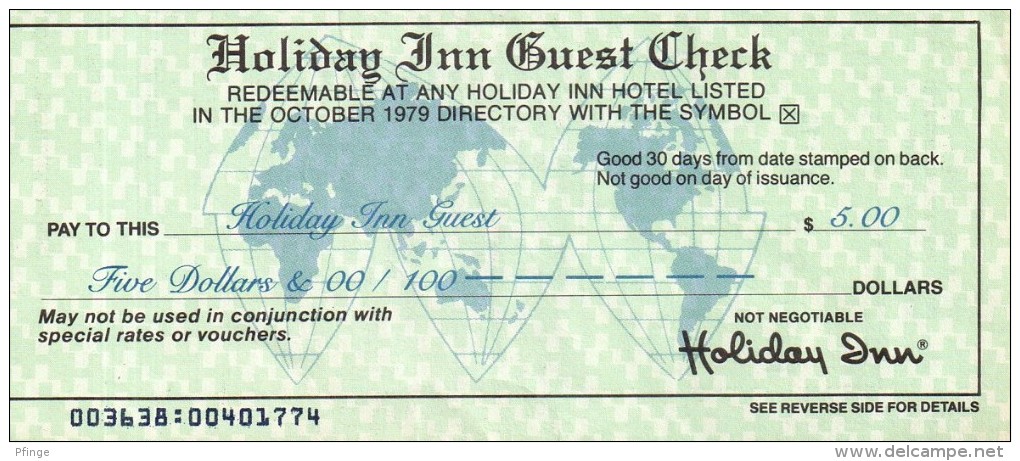 Holiday Inn Guest Check 5$, 1979 - Chèques & Chèques De Voyage