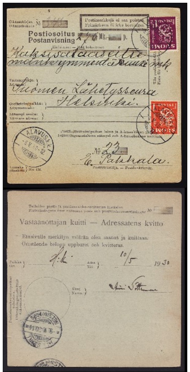 Finland Parcel Card (1930) Postmarked Alavuskk On Front And Helsinki On Back - Colis Postaux