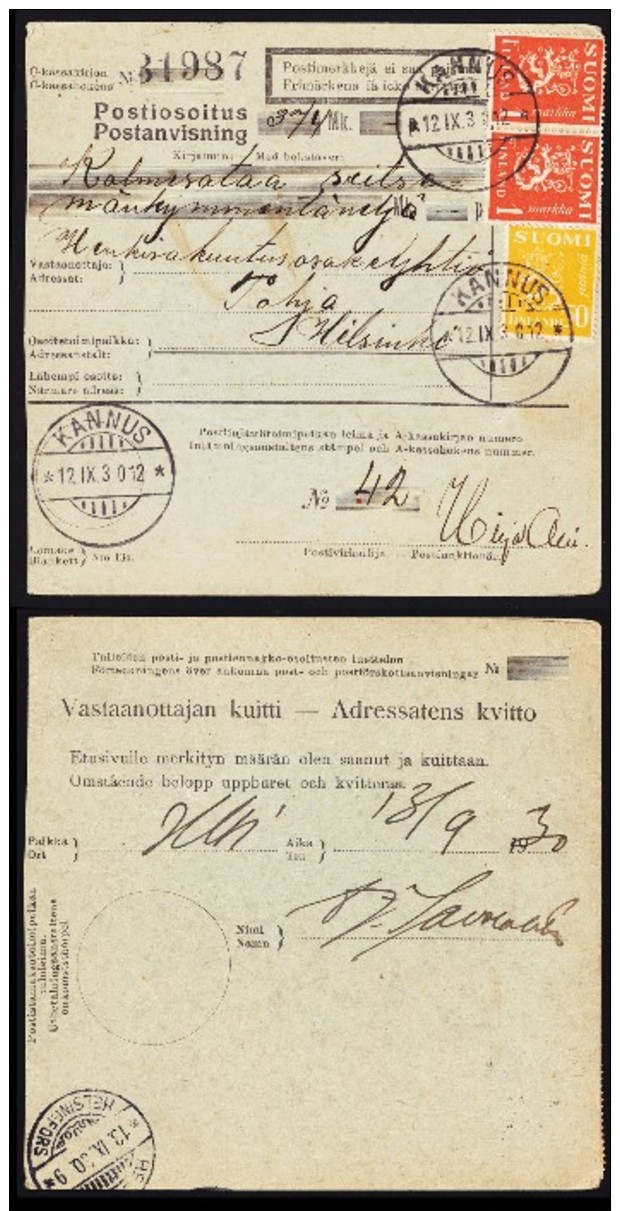 Finland Parcel Card (1930) Postmarked Kannus On Front And Helsinki On Back - Parcel Post