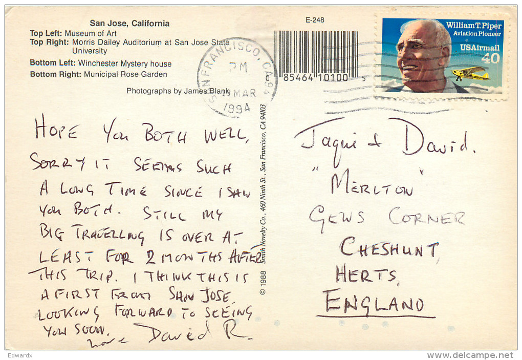 San Jose, California, United States US Postcard Posted 1994 Stamp - San Jose