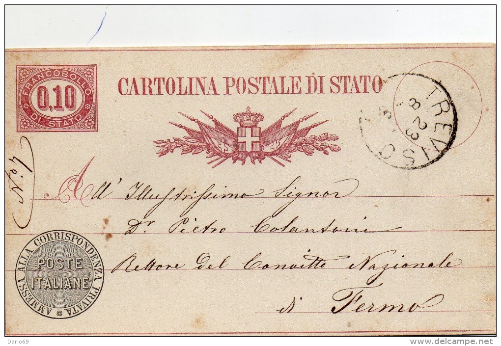 1878 CARTOLINA ON ANNULLO TREVISO - Postwaardestukken