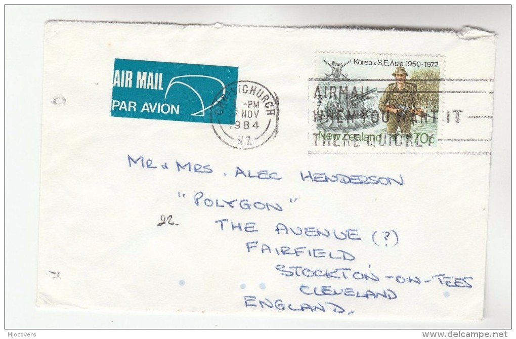 1984 Air Mail NEW ZEALAND COVER 70c  Stamps KOREA WAR ARMY LION  To GB Airmail Label - Covers & Documents