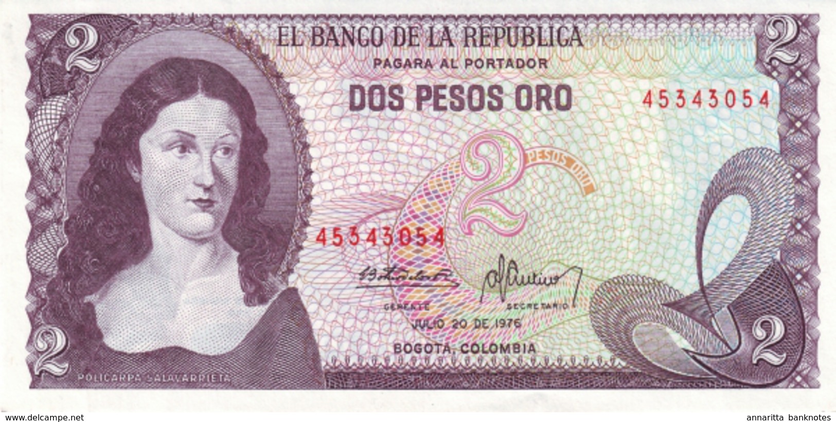 Colombia (BDLR) 2 Pesos 1976 UNC Cat No. P-413b / CO413b - Colombia