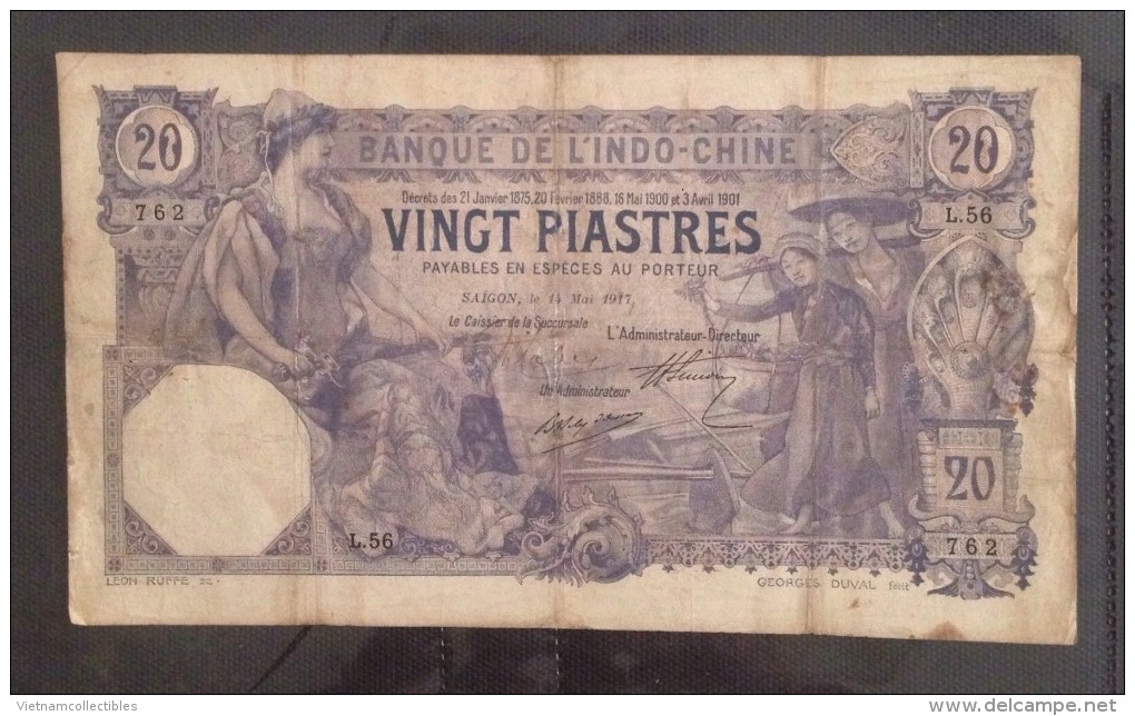 Indochine Indochina Vietnam Viet Nam Laos Cambodia 20 Piastres VF Banknote Issued On 14 May 1917 - Pick # 38 / 02 Photos - Indochine