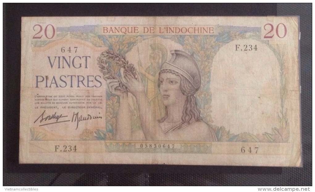 French Indochine Indochina Vietnam Viet Nam Laos Cambodia 20 Piastres VF Banknote 1933-1939 / Pick # 56b / 2 Photos - Indocina