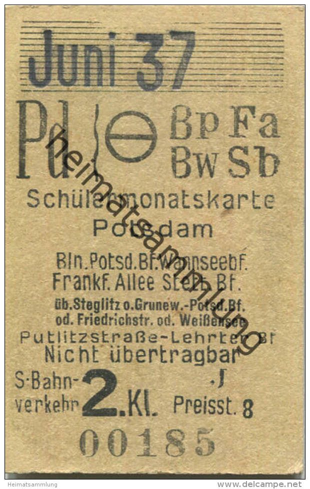 Berlin - Schülermonatskarte - Potsdam - 2. Klasse S-Bahnverkehr Preisstufe 8 1937 - Europa