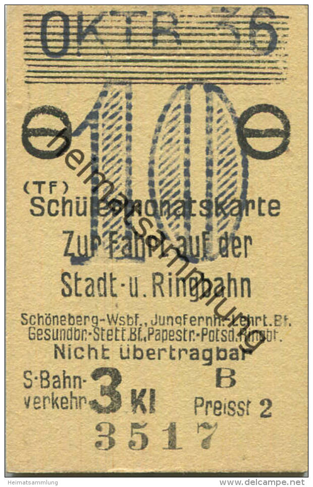 Berlin - Schülermonatskarte Zur Fahrt Auf Der Stadt- U. Ringbahn - 3. Klasse S-Bahnverkehr Preisstufe 2 1936 - Europe
