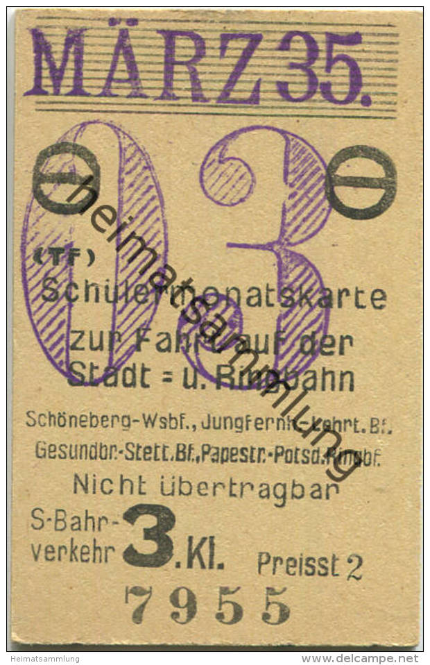 Berlin - Schülermonatskarte Zur Fahrt Auf Der Stadt- U. Ringbahn - 3. Klasse S-Bahnverkehr Preisstufe 2 1935 - Europa