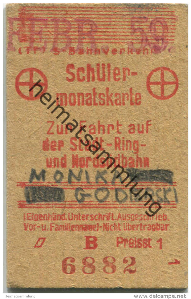 Berlin - Schülermonatskarte Zur Fahrt Auf Der Stadt- Ring- Und Nordsüdbahn - Preisstufe 1 1959 - Europa