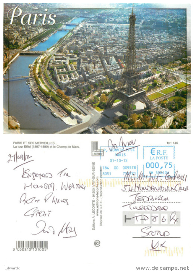 Aerial View, Paris, France Postcard Posted 2012 Meter - Panoramic Views