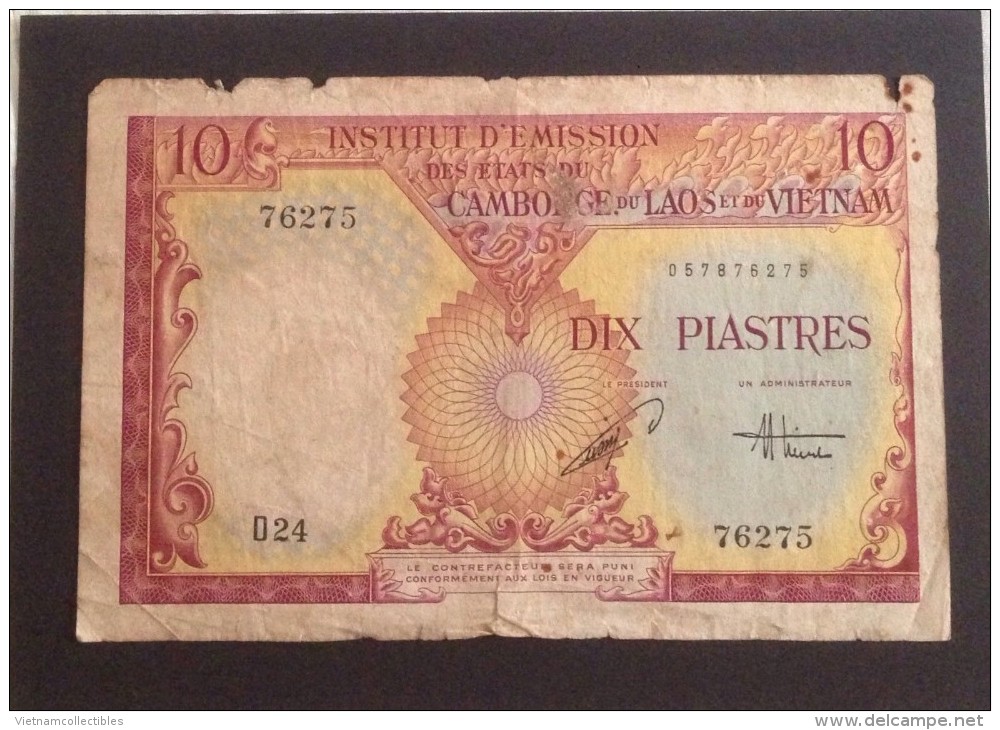 Indochine Indochina Vietnam Viet Nam Laos Cambodia 10 Piastres VF Banknote 1953 - Pick # 107 / 02 Images - Indochina