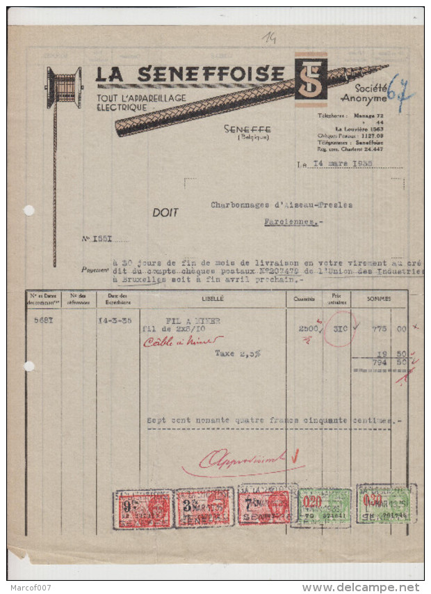 SENEFFE - LA SENEFOISE - FACTURE ELECTRIQUE - 1935 - Artigianato