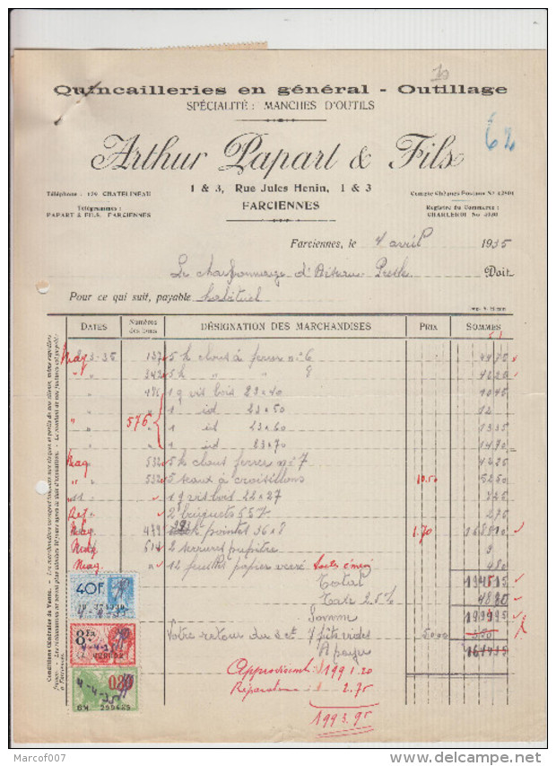 FACIENNES - ARTHUR PAPART / FILS - FACTURE QUINCAILLERIES - 1935 - Petits Métiers
