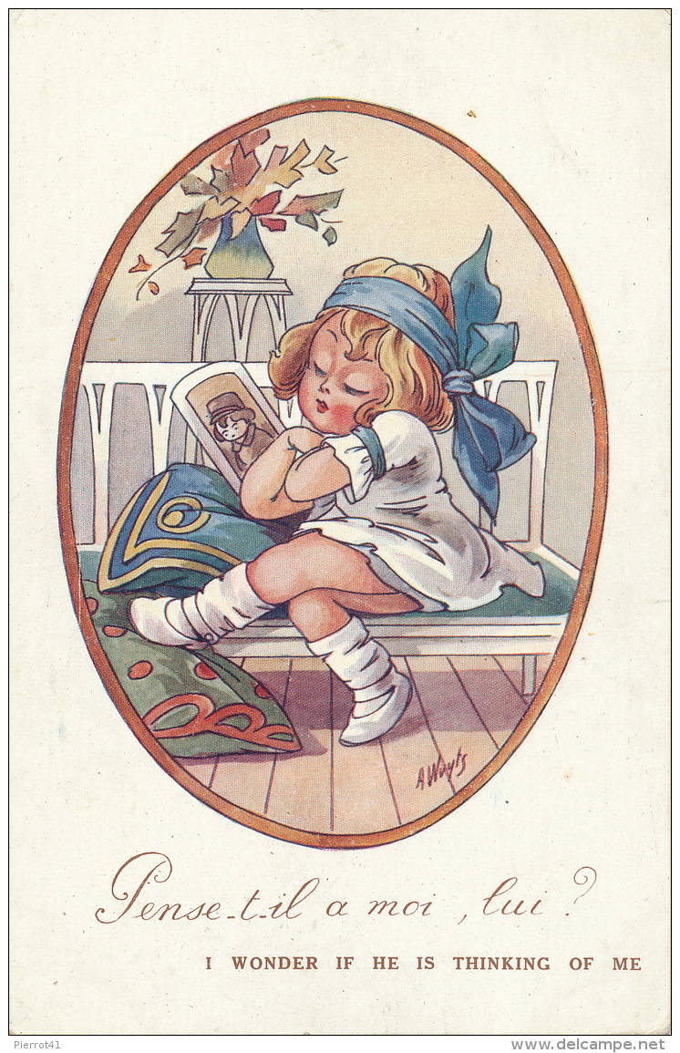 ENFANTS - LITTLE GIRL -  Jolie Carte Fantaisie Petite Fille "Pense-t-il à Moi, Lui ?"  Signée WUYTS - Wuyts