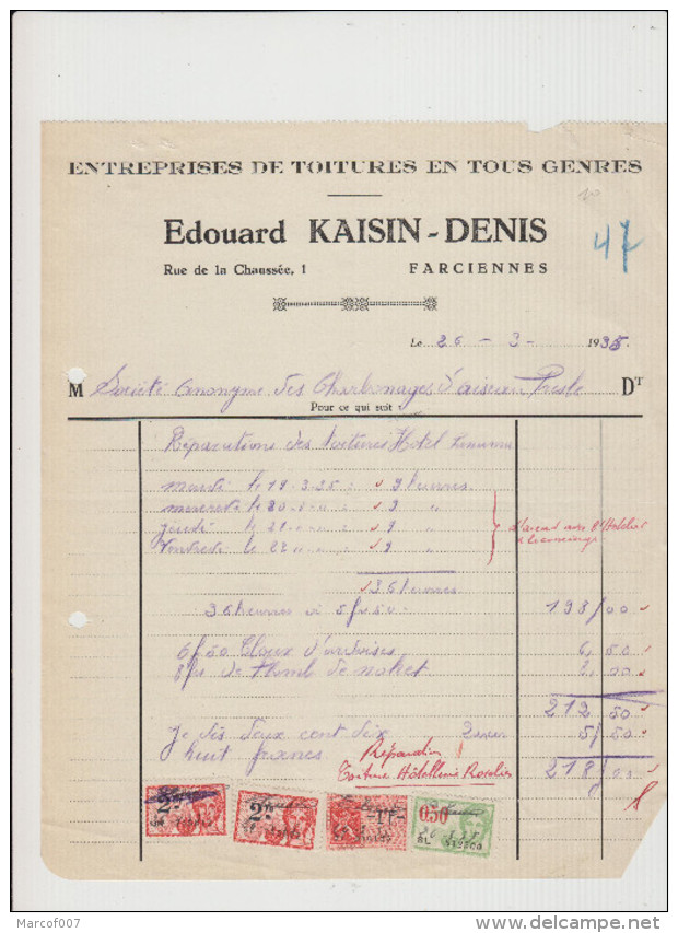 FARCIENNES - EDOUARD KAISIN/DENIS - FACTURE TOITURE - 1935 - Artigianato