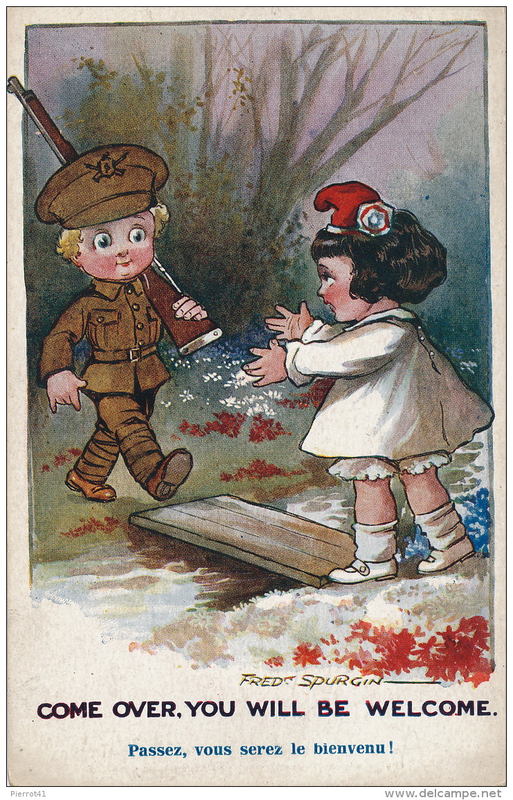 ENFANTS - Jolie Carte Fantaisie Fillette & Soldat Anglais "Come Over, You Will Be Welcome "- Signée FRED SPURGIN - Spurgin, Fred