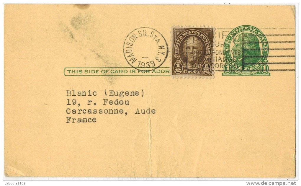 ETATS UNIS Entier Postal + Timbre 1/2 Cent Obl MADISON Voyagé Carcassonne - Chemical Research New York - 1921-40