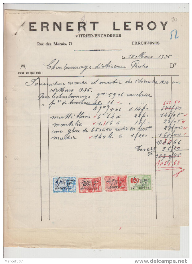 FARCIENNES - ERNEST LEROY - VITRIER / ENCADREUR FACTURATION - 1935 - Petits Métiers