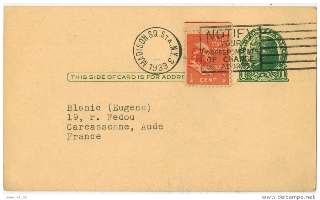 ETATS UNIS Entier Postal + Timbre 1/2 Cent Obl MADISON Voyagé Carcassonne - Chemical Research New York - 1921-40