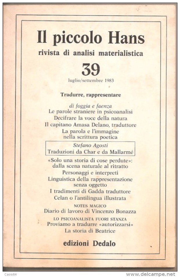 IL PICCOLO HANS RIVISTA DI ANALISI MATERIALISTICA 39 - Histoire, Biographie, Philosophie