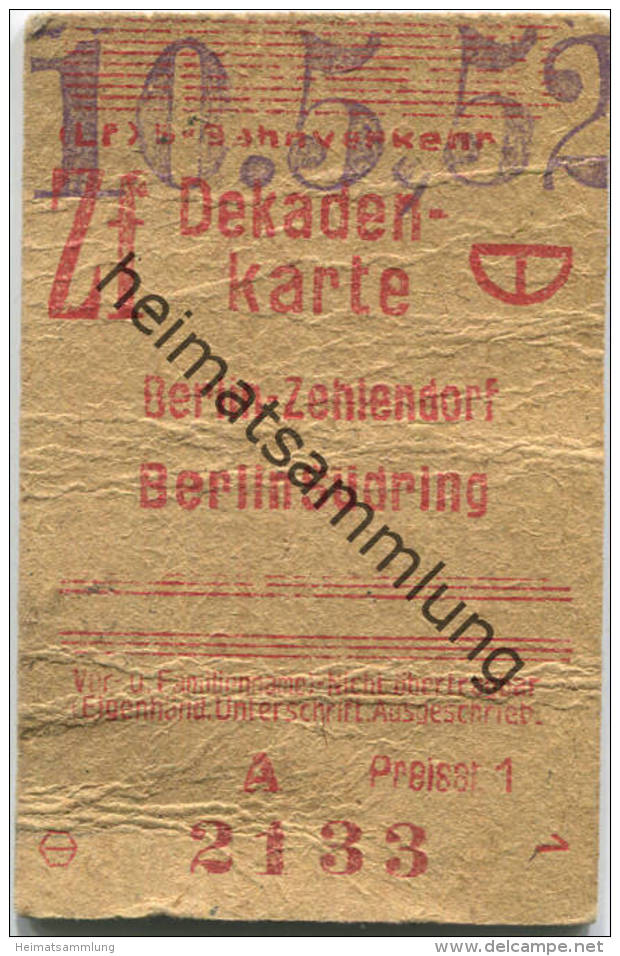 Berlin S-Bahnverkehr - Dekadenkarte - Berlin-Zehlendorf Berlin Südring - Preisstufe 1 1952 - Europa