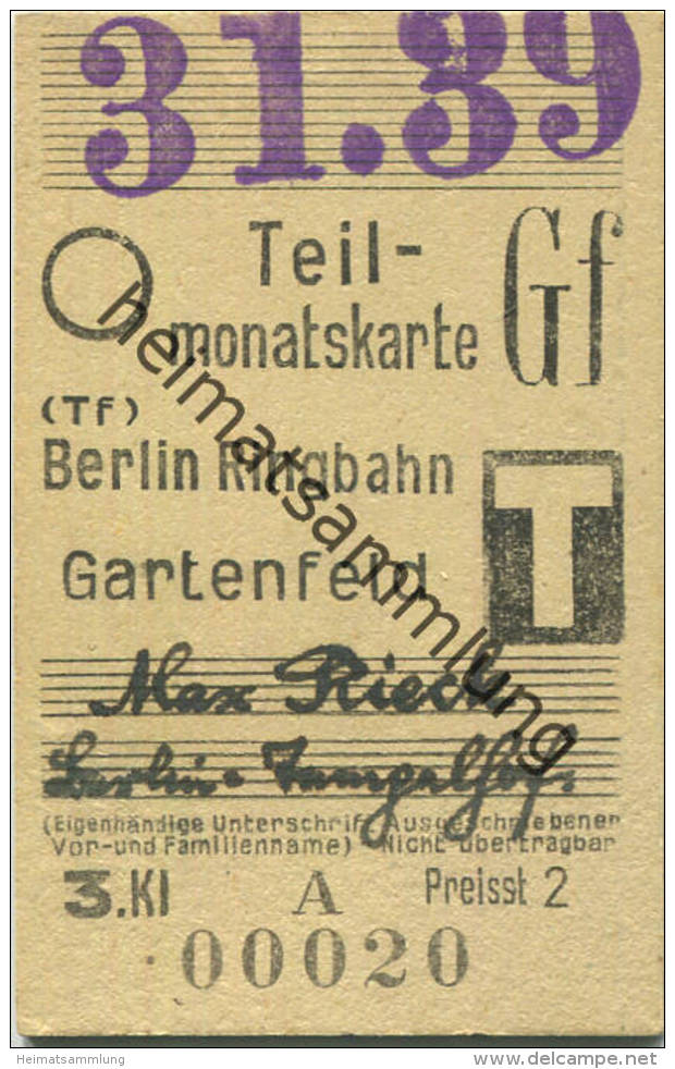 Berlin - Teilmonatskarte - Berlin Ringbahn Gartenfeld - 3. Klasse Preisst. 2 1939 - Europa
