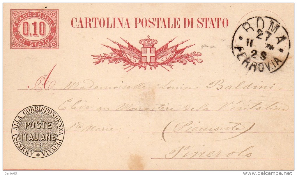 1878 CARTOLINA ON ANNULLO ROMA X PINEROLO - Entero Postal