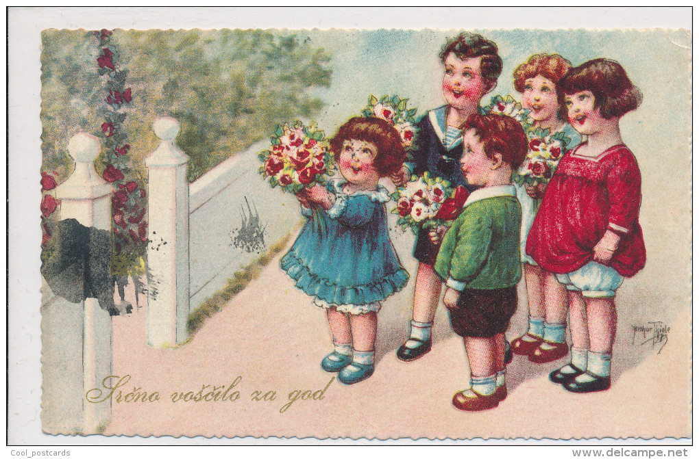 THIELE, ARTHUR, CHILDREN WITH FLOWERS, Near EX Cond. PC, Used 1937 - Thiele, Arthur