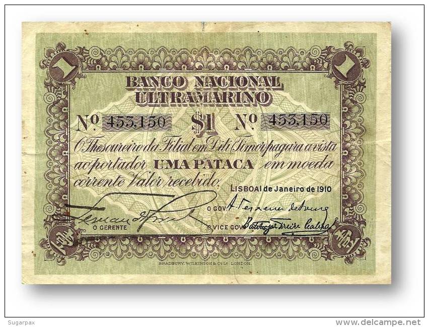 TIMOR - 1 Pataca - 1.1.1910 - RARE - P 1 - Portugal - Timor