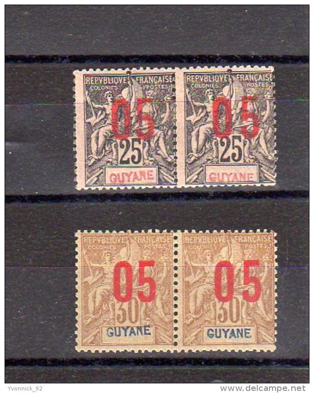Guyanne_ 2 Paires  Surcharges Chiffres Espacés Tenant à Normal N°69/70  ( 1912 ) - Other & Unclassified