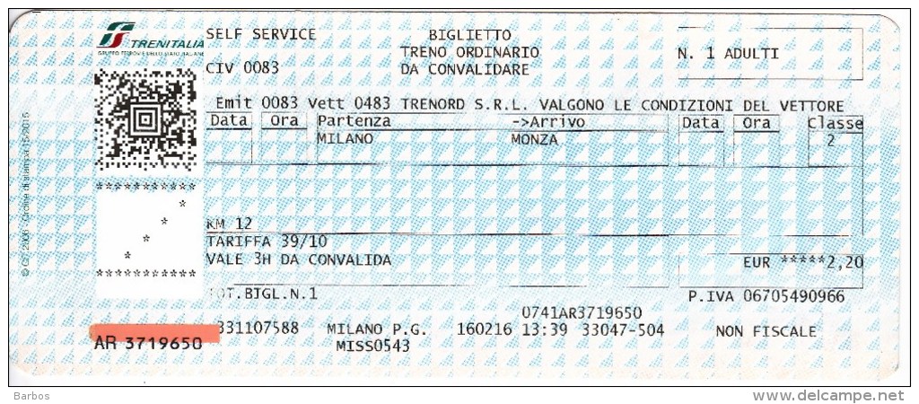 Italy , Milano - Monza  , Railway  Ticket  ,Trenitalia ,  2016 , Used - Europe