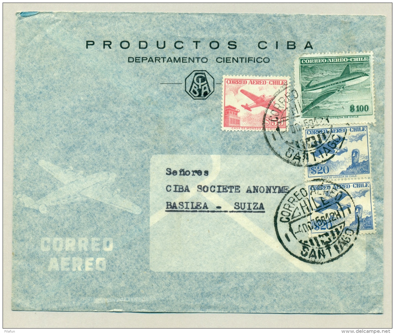 Chili - 1958 - 4 Airmail Stamps Cover From Santiago To Basilea (Basel) / Suiza (Schweiz) - See Stamp Quality - Chili