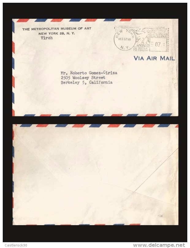B)1960 USA,  METROPOLITAN MUSEUM OF ART, BLACK SEAL CANC, U.S POSTAGE, CIRCULATED COVER FROM  NUEVA YORK TO BERKELEY CAL - 2b. 1941-1960 Unused