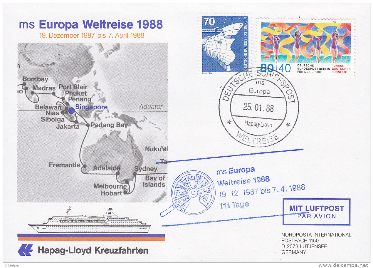 DEUTSCHE SCHIFFSPOST MS "Europa", Weltreise 25.1.1988 - Schiffahrt