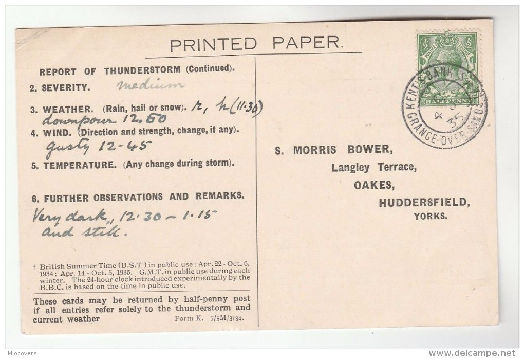 1935 KENTS BANK Grange Over Sands COVER Postcard METEOROLOGY Report WEATHER STATION  Re THUNDERSTORM Gb Gv Stamps Cds - Covers & Documents