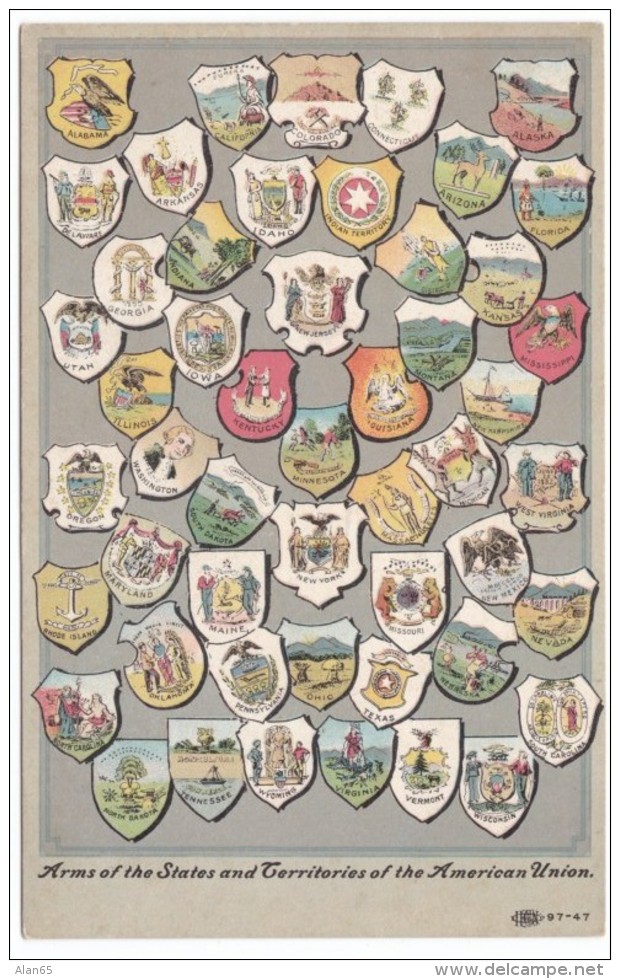 Coats Of Arms Of States And Territories Of United States C1900s Vintage Postcard No Hawaii But Indian Territory Alaska - Other & Unclassified