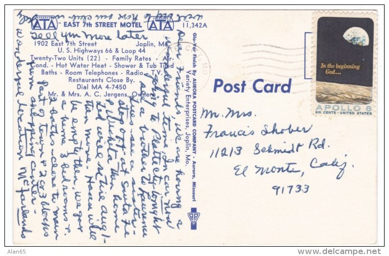 Joplin Missori Route 66 Lodging, East 7th Street Motel, Auto, C1960s Vintage Postcard - Route '66'