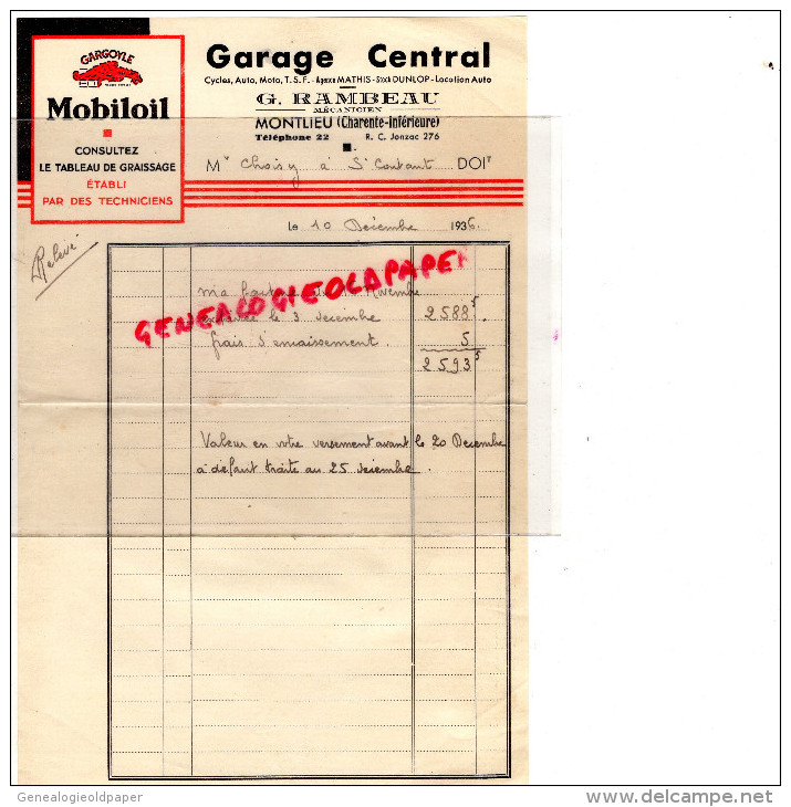 17 - MONTLIEU - FACTURE GARAGE CENTRAL- G. RAMBEAU-MECANICIEN-MATHIS-DUNLOP-CYCLES AUTO MOTO-TSF-1936 - Verkehr & Transport