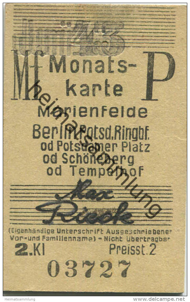 Berlin - Monatskarte - Marienfelde Berlin Potsd. Ringbf.- 2. Klasse Preisstufe 2 1943 - Europa