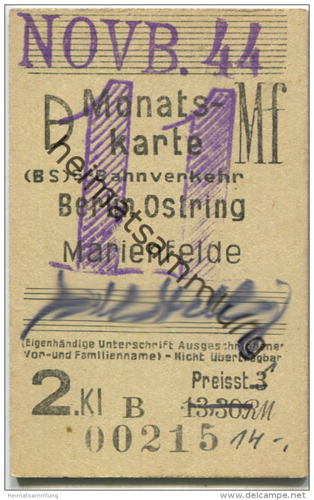 Berlin - Monatskarte S-Bahnverkehr Berlin Ostring Marienfelde - 2. Klasse - Preisstufe 1 14,00RM 1944 - Europe