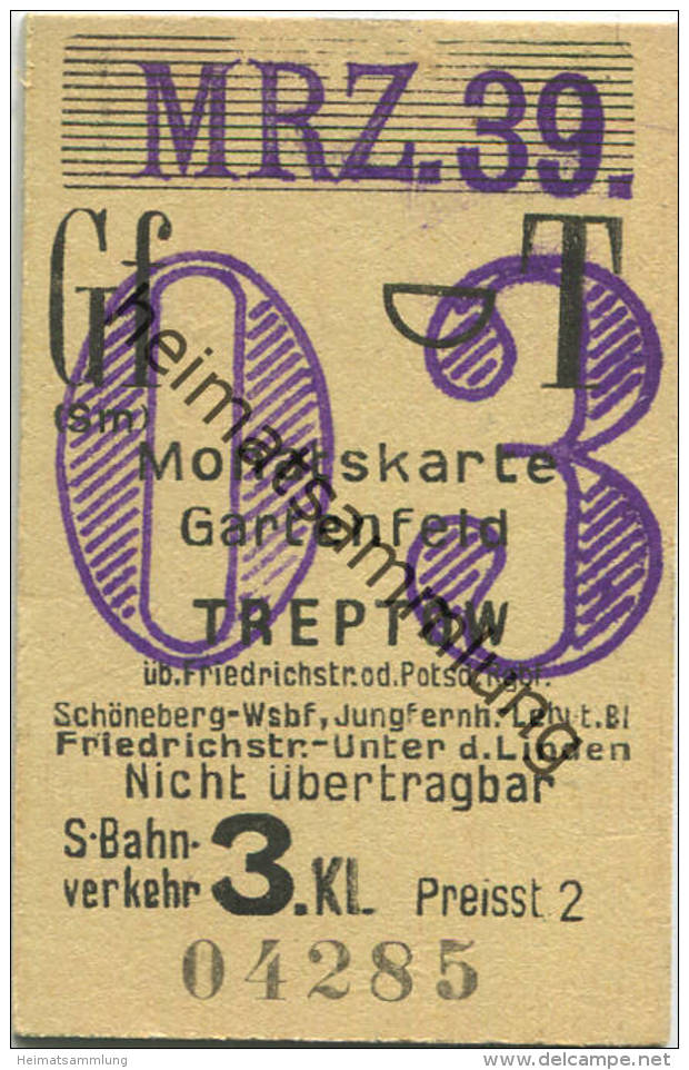 Berlin - Monatskarte - Gartenfeld Treptow - S-Bahnverkehr 3. Klasse Preisstufe 2 1939 - Europa