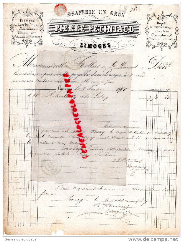 87 - LIMOGES - FACTURE PIERRE PETINIAUD- DRAPERIE EN GROS-FABRIQUE FLANELLES DROGUETS-1870 - 1800 – 1899