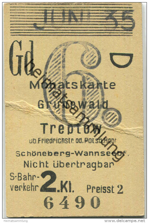 Berlin - Monatskarte - Grunewald Treptow - S-Bahnverkehr 2. Klasse Preisstufe 2 1935 - Europe