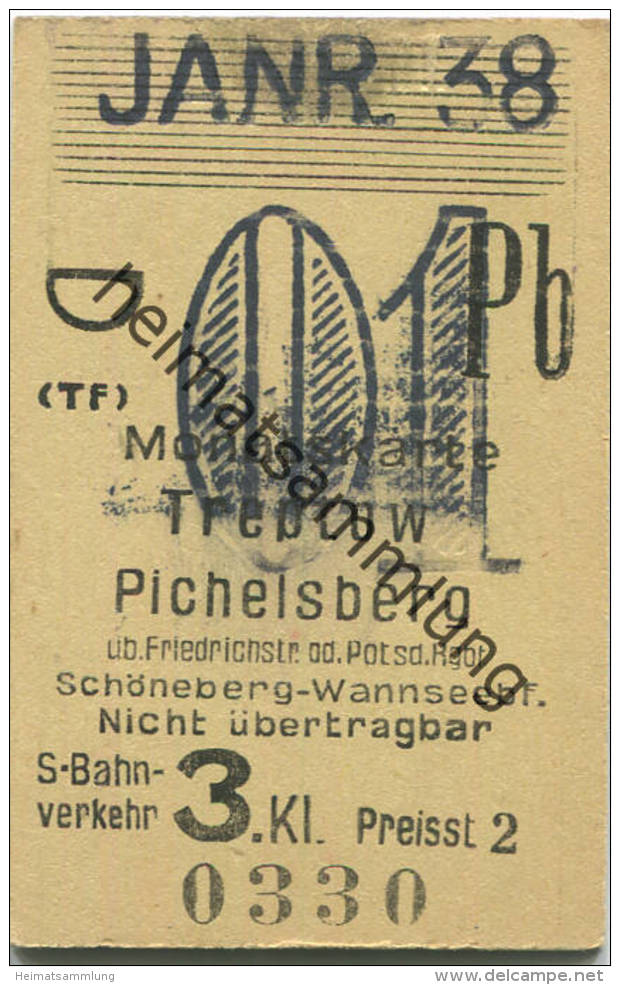 Berlin - Monatskarte - Treptow Pichelsberg - S-Bahnverkehr 3. Klasse Preisstufe 2 1938 - Europa
