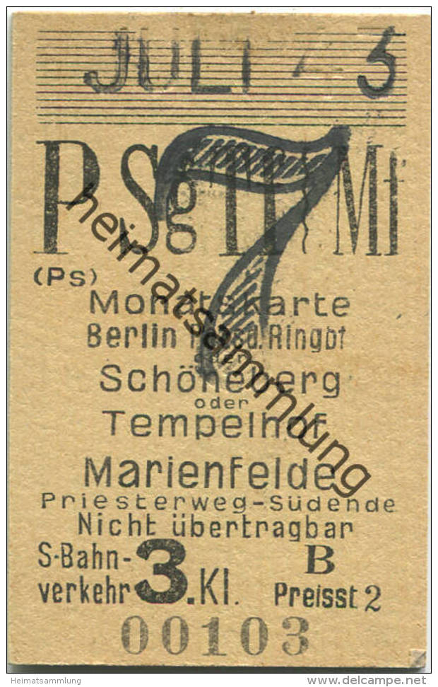 Berlin - Monatskarte - Berlin Potsd Ringbf Oder Schöneberg Oder Tempelhof Marienfelde - S-Bahnverkehr 3. Klasse Preisstu - Europe